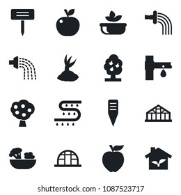 Set of vector isolated black icon - watering vector, sproute, plant label, greenhouse, drip irrigation, fruit tree, salad, apple, eco house