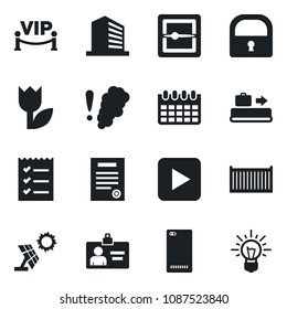 Set of vector isolated black icon - baggage conveyor vector, office building, identity card, calendar, cargo container, tulip, play button, phone back, scanner, lock, checklist, contract, vip zone