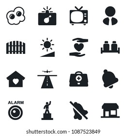 Set of vector isolated black icon - runway vector, tv, bomb in case, pedestal, doctor, heart hand, bell, mute, brightness, fence, estate agent, sweet home, salt and pepper, omelette, alarm led