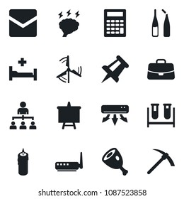 Set of vector isolated black icon - hierarchy vector, case, presentation board, brainstorm, drawing pin, blood test vial, ampoule, hospital bed, mail, windmill, air conditioner, candle, ham, router