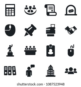 Set of vector isolated black icon - ticket office vector, handshake, speaking man, pedestal, mouse, meeting, contract, paper pin, company, building, calculator, binder, copier, pass card, group