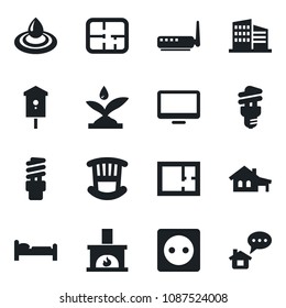 Set of vector isolated black icon - bed vector, bird house, monitor, with garage, plan, office building, children room, fireplace, socket, irrigation, router, water, energy saving bulb, home message