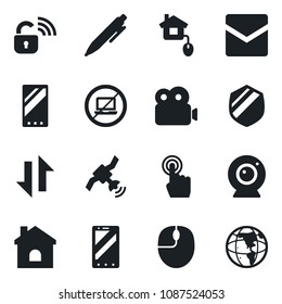 Set of vector isolated black icon - no laptop vector, mobile phone, mouse, pen, house, shield, satellite, touch screen, mail, data exchange, video, home control, wireless lock, web camera, earth