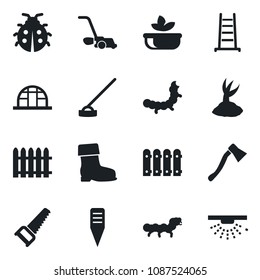 Set of vector isolated black icon - fence vector, ladder, sproute, boot, saw, lawn mower, lady bug, hoe, axe, plant label, greenhouse, caterpillar, salad, sprinkler