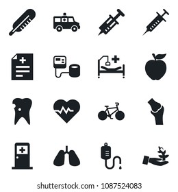 Set of vector isolated black icon - medical room vector, heart pulse, diagnosis, syringe, blood pressure, dropper, thermometer, ambulance car, bike, hospital bed, lungs, caries, joint, apple fruit