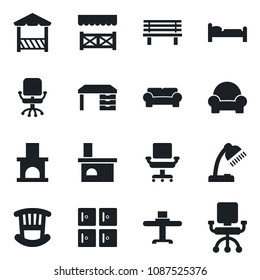 Set of vector isolated black icon - bed vector, checkroom, office chair, desk, bench, fireplace, lamp, children room, cushioned furniture, restaurant table, alcove