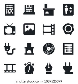 Set of vector isolated black icon - elevator vector, alarm clock, abacus, stamp, fireplace, film frame, vinyl, gallery, ink pen, tv, power plug