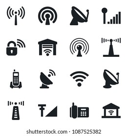 Set of vector isolated black icon - antenna vector, satellite, office phone, wireless, cellular signal, lock, garage gate control