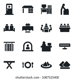 Set of vector isolated black icon - baby room vector, reception, flight table, medical, desk, meeting, manager place, picnic, restaurant, serviette, cafe, reserved, salt and pepper