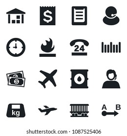 Set of vector isolated black icon - railroad vector, plane, cash, 24 hours, support, clock, receipt, clipboard, warehouse, heavy, flammable, oil barrel, barcode, route