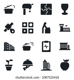 Set of vector isolated black icon - baby room vector, airport building, seedling, pulse clipboard, satellite, fragile, application, water supply, office, waiter, steaming pan, apple fruit