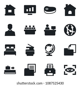 Set of vector isolated black icon - baggage conveyor vector, globe, meeting, manager place, statistic monitor, house, folder document, network, user, printer, copier, bedroom, steak, eye scan