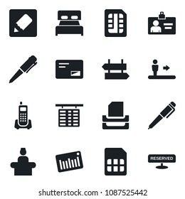 Set of vector isolated black icon - escalator vector, signpost, reception, flight table, identity card, pen, office phone, barcode, mail, sim, notes, paper tray, bedroom, reserved