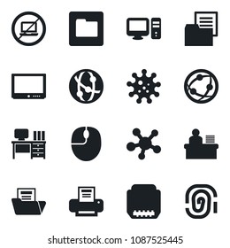 Set of vector isolated black icon - no laptop vector, mouse, desk, virus, folder document, tv, network, share, hdmi, manager, printer, pc, fingerprint