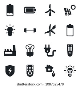 Set of vector isolated black icon - barbell vector, remote control, battery, low, protect, sun panel, factory, home, power plug, bulb, windmill, idea