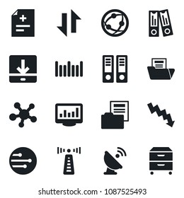 Set of vector isolated black icon - antenna vector, office binder, crisis graph, diagnosis, barcode, satellite, network, share, data exchange, download, monitor statistics, document folder