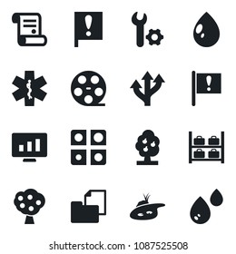 Set of vector isolated black icon - luggage storage vector, statistic monitor, contract, water drop, ambulance star, route, important flag, folder document, reel, application, root setup, pond