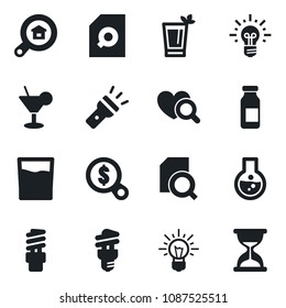 Set of vector isolated black icon - heart diagnostic vector, ampoule, torch, document search, estate, drink, cocktail, phyto bar, energy saving bulb, money, idea, flask, sand clock
