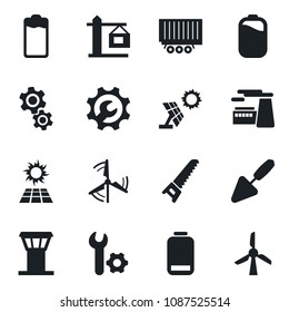 Set of vector isolated black icon - airport tower vector, factory, trowel, saw, truck trailer, battery, low, root setup, windmill, crane, gear, sun panel