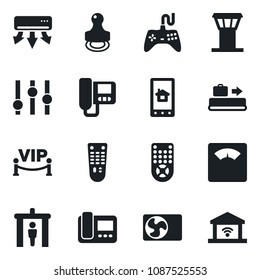 Set of vector isolated black icon - airport tower vector, baggage conveyor, security gate, scales, gamepad, settings, remote control, stamp, air conditioner, vip zone, intercome, home app, garage