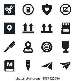 Set of vector isolated black icon - no mobile vector, laptop, stamp, plant label, heart shield, navigation, fragile, up side sign, sd, cut, place tag, pen, menu, paper plane