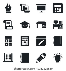 Set of vector isolated black icon - contract vector, calculator, graduate, abacus, desk, notepad, presentation board, notes, copybook, ink pen, pencil, shining head