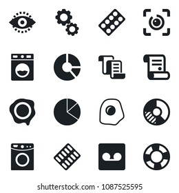 Set of vector isolated black icon - contract vector, circle chart, stamp, pills blister, record, eye id, pie graph, omelette, washer, gear, crisis management