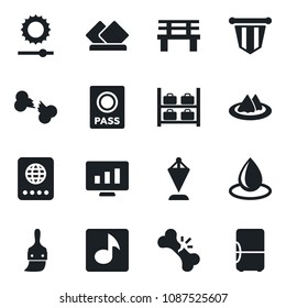 Set of vector isolated black icon - passport vector, luggage storage, pennant, statistic monitor, water drop, bench, broken bone, themes, brightness, music, serviette, fridge