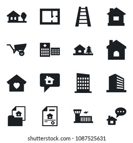 Set of vector isolated black icon - airport building vector, office, ladder, wheelbarrow, house, hospital, with tree, plan, estate document, sweet home, city, message