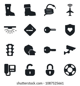 Set of vector isolated black icon - plane radar vector, smoking place, boot, hose, heart shield, traffic light, lock, key, intercome, home protect, surveillance, sprinkler, crisis management