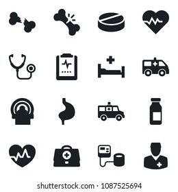Set of vector isolated black icon - heart pulse vector, doctor case, stethoscope, blood pressure, pills, ampoule, tomography, ambulance car, hospital bed, stomach, broken bone, clipboard