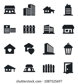 Set of vector isolated black icon - office building vector, fence, garden light, hospital, store, house with garage, sweet home, city, cafe, door