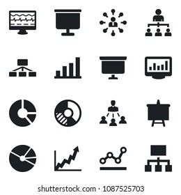 Set of vector isolated black icon - hierarchy vector, presentation board, circle chart, monitor pulse, statistics, bar graph, pie, point, growth