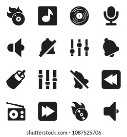 Set of vector isolated black icon - vinyl vector, flame disk, radio, speaker, settings, microphone, fast forward, rewind, rca, bell, mute, music, sound