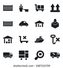Set of vector isolated black icon - sea shipping vector, cargo container, car delivery, port, consolidated, up side sign, no trolley, hook, warehouse, package, search, moving