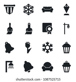 Set of vector isolated black icon - pennant vector, garden light, tulip, themes, bell, sertificate, cushioned furniture, snowflake, outdoor lamp