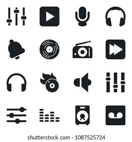 Set of vector isolated black icon - vinyl vector, flame disk, radio, speaker, settings, equalizer, microphone, headphones, play button, fast forward, tuning, bell, record