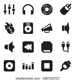 Set of vector isolated black icon - vinyl vector, flame disk, speaker, loudspeaker, settings, equalizer, headphones, stop button, rewind, rec, rca, hdmi