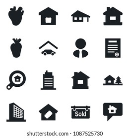 Set of vector isolated black icon - office building vector, house, real heart, contract, with garage, tree, sold signboard, estate search, agent, smart home, city, message