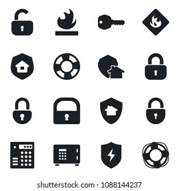 Set of vector isolated black icon - safe vector, lock, flammable, protect, key, estate insurance, home, combination, crisis management
