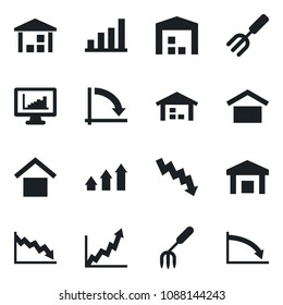 Set of vector isolated black icon - crisis graph vector, garden fork, warehouse storage, monitor statistics, bar, arrow up, growth