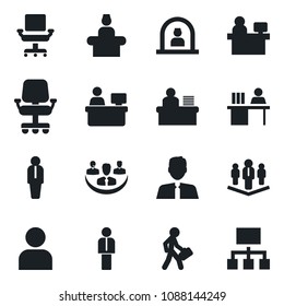Set of vector isolated black icon - reception vector, manager, place, user, company, office chair, desk, estate agent, hierarchy