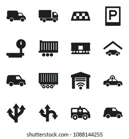 Set of vector isolated black icon - taxi vector, parking, alarm car, ambulance, route, truck trailer, delivery, heavy scales, railroad, garage, gate control