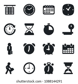 Set of vector isolated black icon - alarm clock vector, flight table, calendar, heavy scales, stopwatch, manager, sand