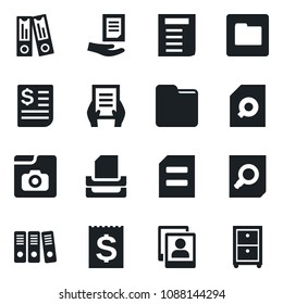 Set of vector isolated black icon - office binder vector, document search, receipt, folder, photo gallery, paper, tray, archive box