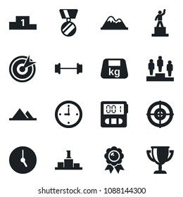 Set of vector isolated black icon - pedestal vector, medal, barbell, heavy, clock, stopwatch, target, mountains, award cup
