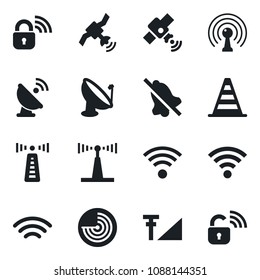 Set of vector isolated black icon - antenna vector, border cone, radar, satellite, wireless, mute, cellular signal, lock