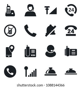 Set of vector isolated black icon - phone vector, no mobile, reception bell, office, 24 hours, support, tracking, radio, call, mute, cellular signal
