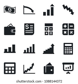 Set of vector isolated black icon - growth statistic vector, calculator, crisis graph, receipt, bar, wallet, cash, presentation
