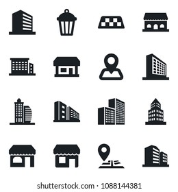 Set of vector isolated black icon - taxi vector, shop, office building, garden light, navigation, store, cafe, storefront